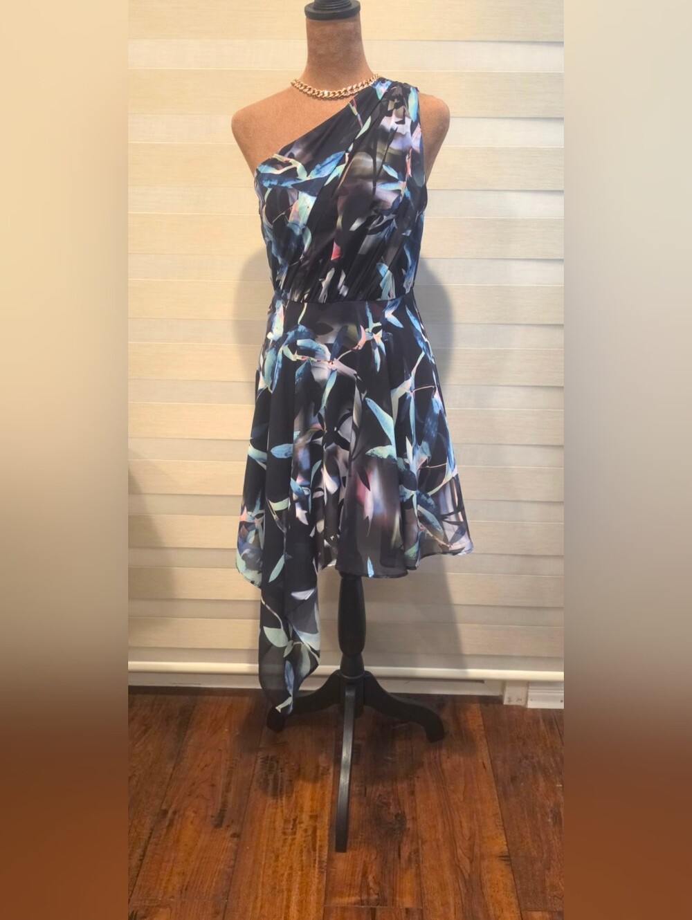 Marciano One-Shoulder Asymmetrical Floral Dress in Black and Blue